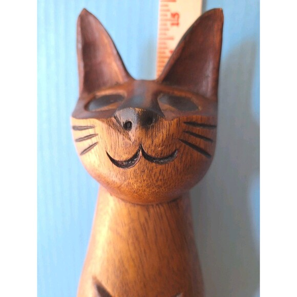 Vtg MCM Carved Wood Cat Figure Statue Sculpture Figurine 15" Made In Thailand - Picture 9 of 10
